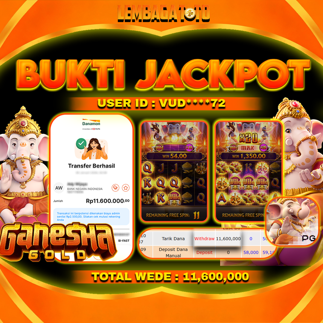 BUKTI JACKPOT 10 JANUARI LEMBAGATOTO GANESHA GOLD Rp11,600,000,- LUNAS