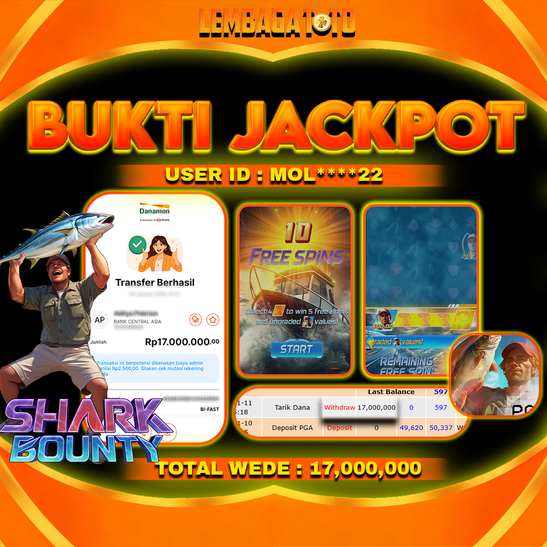 BUKTI JACKPOT 03 MARET LEMBAGATOTO SHARK BOUNTY Rp 17,000,000,- LUNAS