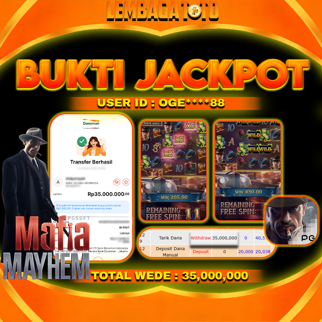 BUKTI JACKPOT 12 JANUARI LEMBAGATOTO MAFIA MAYHEM Rp35,000,000,- LUNAS
