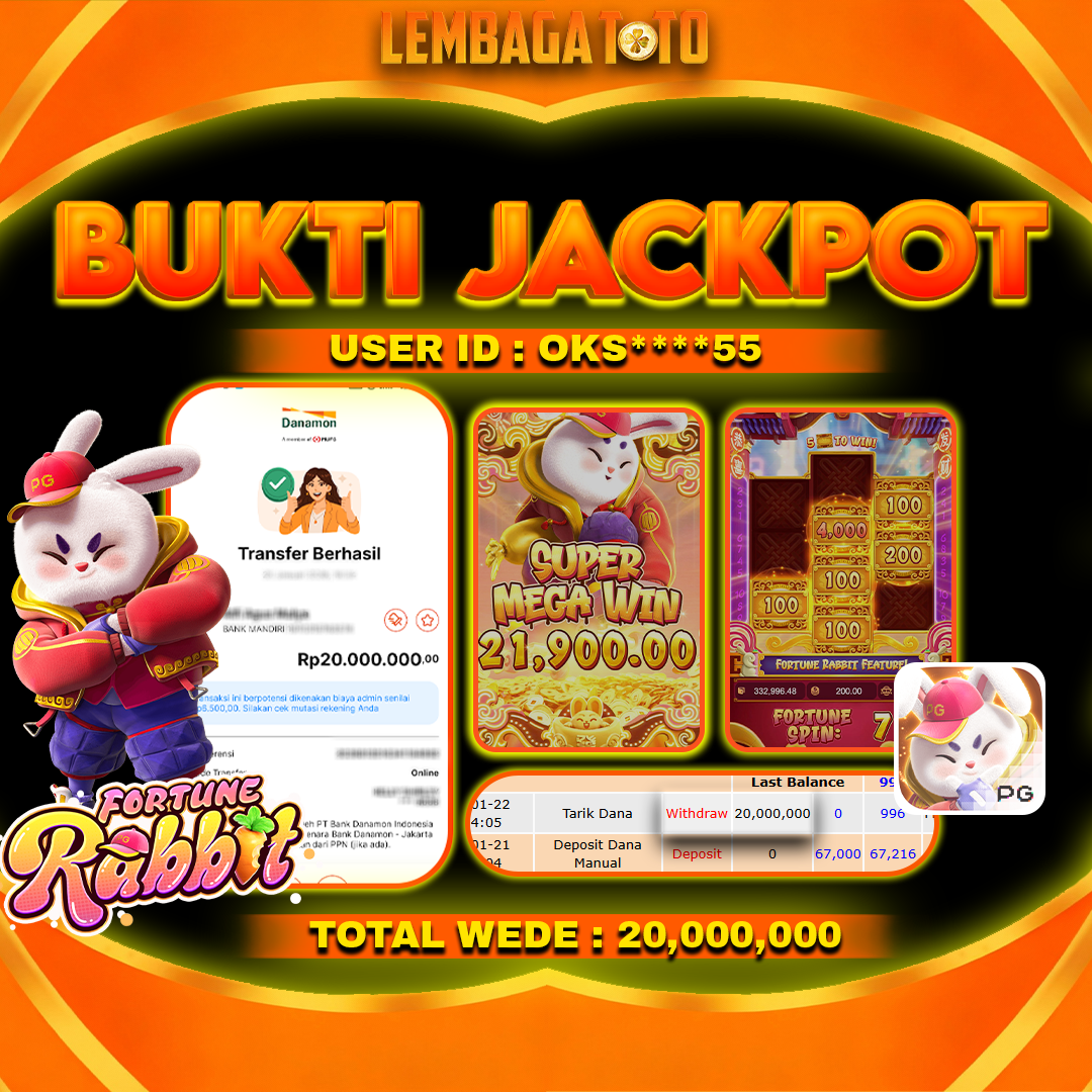 BUKTI JACKPOT 22 JANUARI LEMBAGATOTO FORTUNE RABBIT Rp 20,000,000,- LUNAS