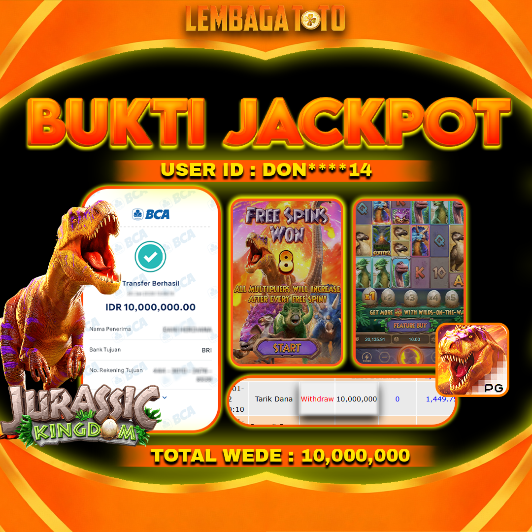 BUKTI JACKPOT 22 JANUARI LEMBAGATOTO JURASSIC KINGDOM Rp 10,000,000,- LUNAS