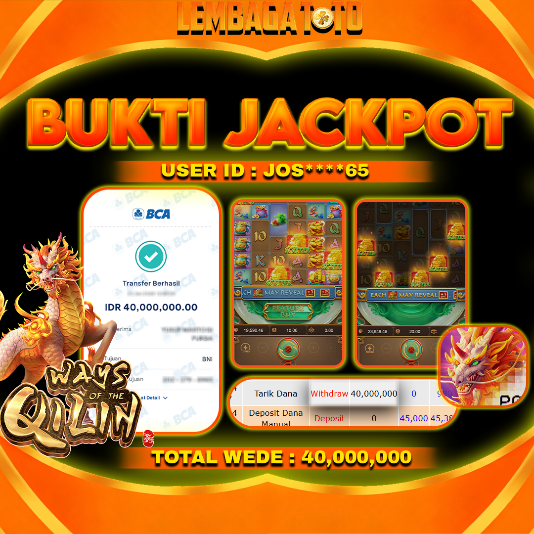 BUKTI JACKPOT 25 JANUARI LEMBAGATOTO WAYS OF THE QILIN Rp 40,000,000,- LUNAS