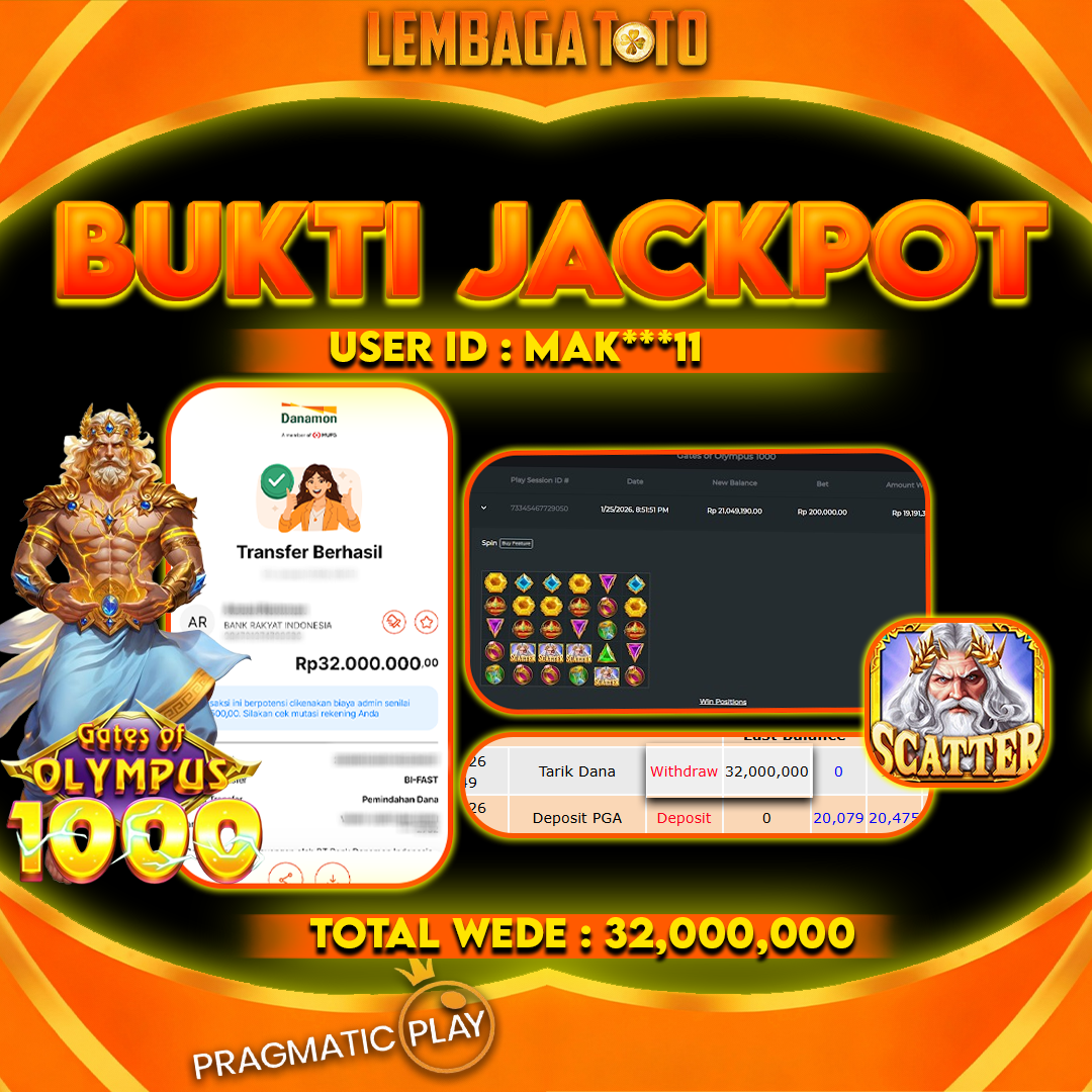 BUKTI JACKPOT 26 JANUARI LEMBAGATOTO GATES OF OLYMPUS 1000 Rp 32,000,000,- LUNAS