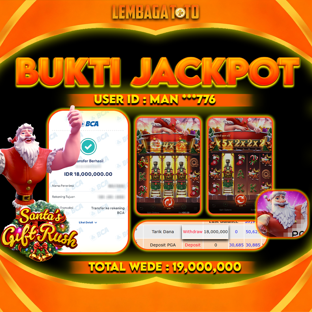 BUKTI JACKPOT 26 JANUARI LEMBAGATOTO SANTA S GIFT RUSH Rp 19,000,000,- LUNAS