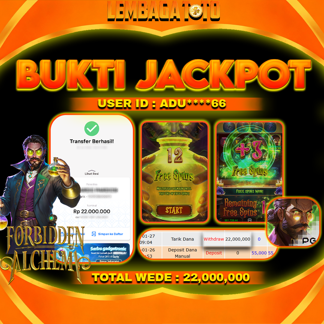 BUKTI JACKPOT 27 JANUARI LEMBAGATOTO FORBIDDEN ALCHEM Rp 22,000,000,- LUNAS