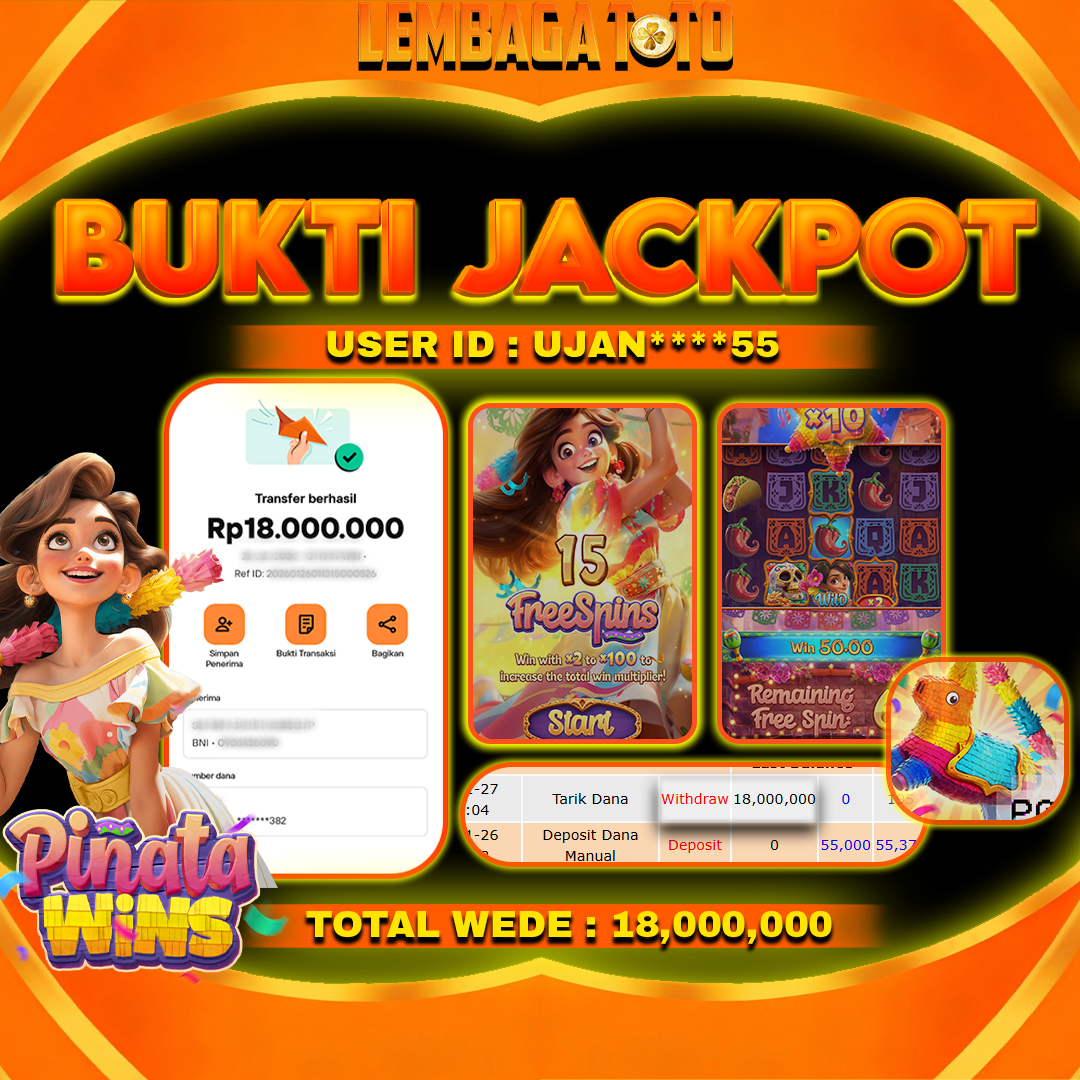 BUKTI JACKPOT 28 JANUARI LEMBAGATOTO PINATA WINS Rp 18,000,000,- LUNAS