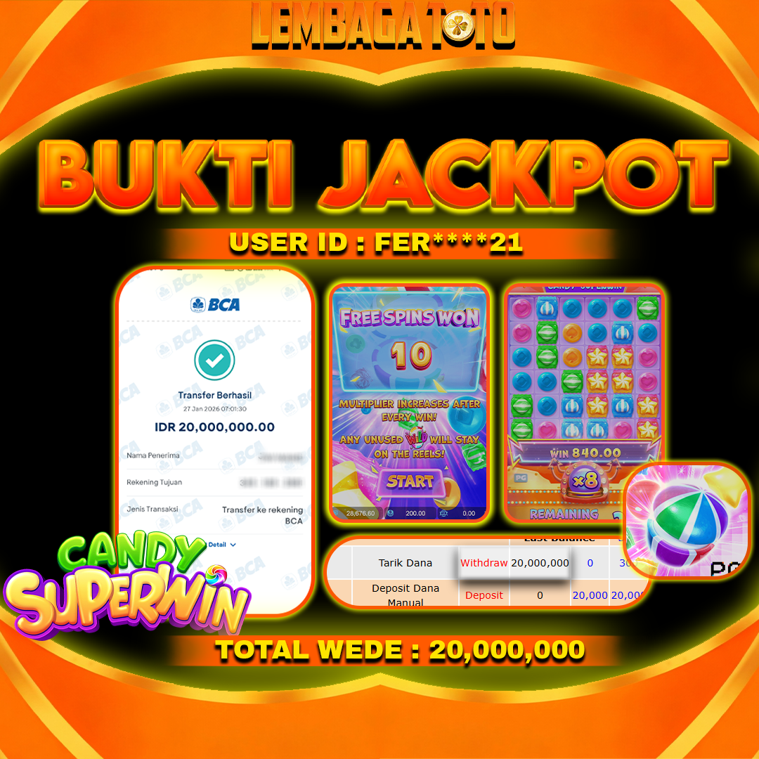 BUKTI JACKPOT 28 JANUARI LEMBAGATOTO CANDY SUPERWIN Rp 20,000,000,- LUNAS