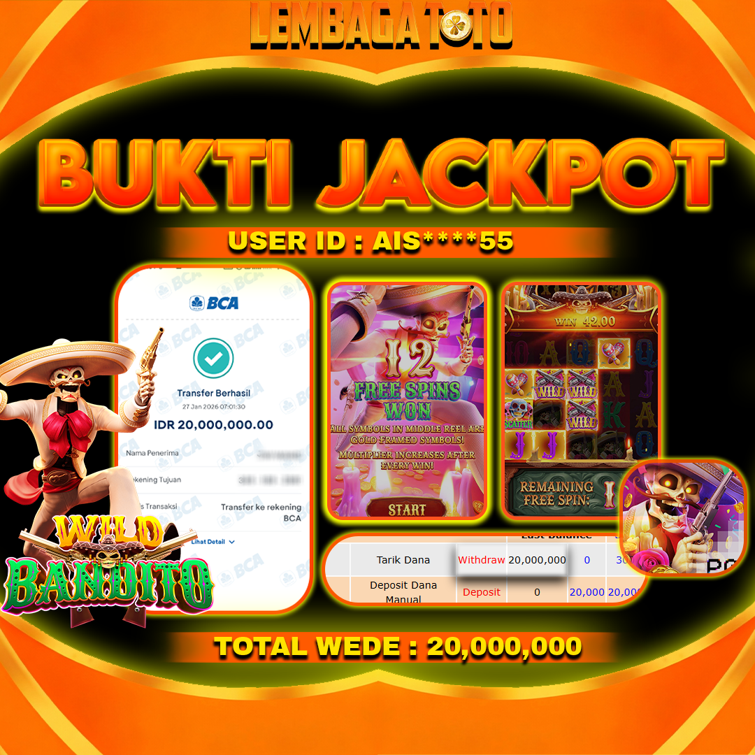 BUKTI JACKPOT 28 JANUARI LEMBAGATOTO WILD BANDITO Rp 20,000,000,- LUNAS