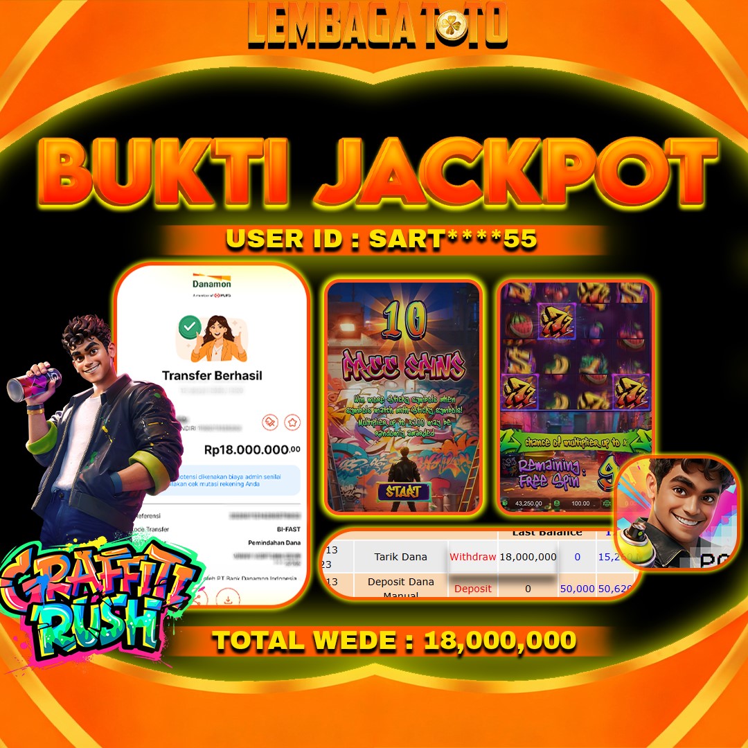 BUKTI JACKPOT 30 JANUARI LEMBAGATOTO GRAFITI RUSH Rp 18,000,000,- LUNAS