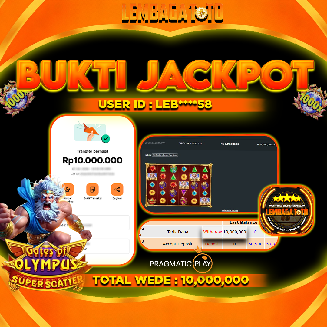 BUKTI JACKPOT 09 JANUARI LEMBAGATOTO GATES OF OLYMPUS SUPER SCATTER Rp10,000,000,- LUNAS