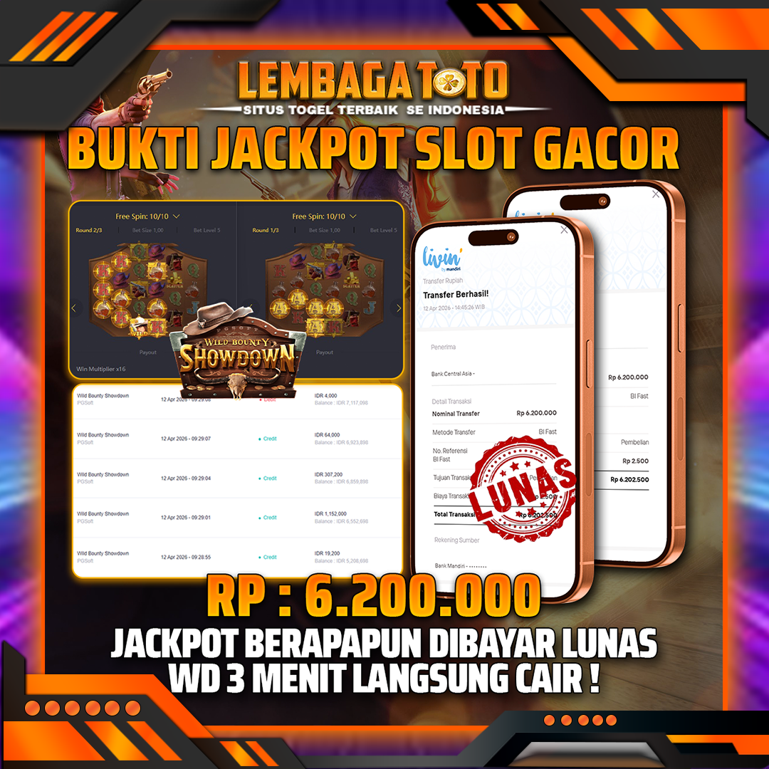 BUKTI JACKPOT 13 APRIL LEMBAGATOTO WILD BOUNTY SHOWDOWN 6,200,000- LUNAS