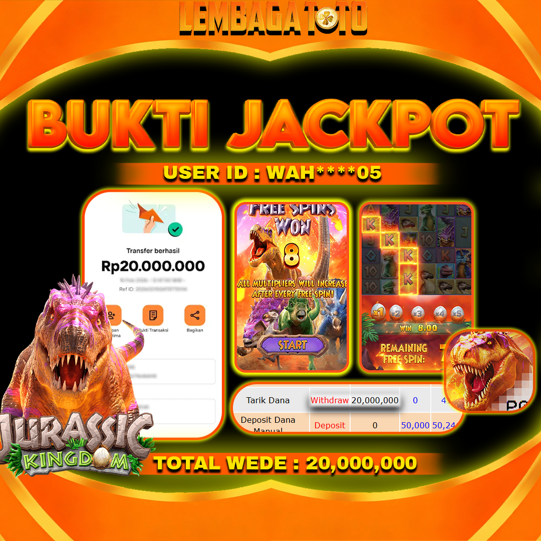 BUKTI JACKPOT 01 MARET LEMBAGATOTO JURASSIC KINGDOM Rp 20,000,000,- LUNAS