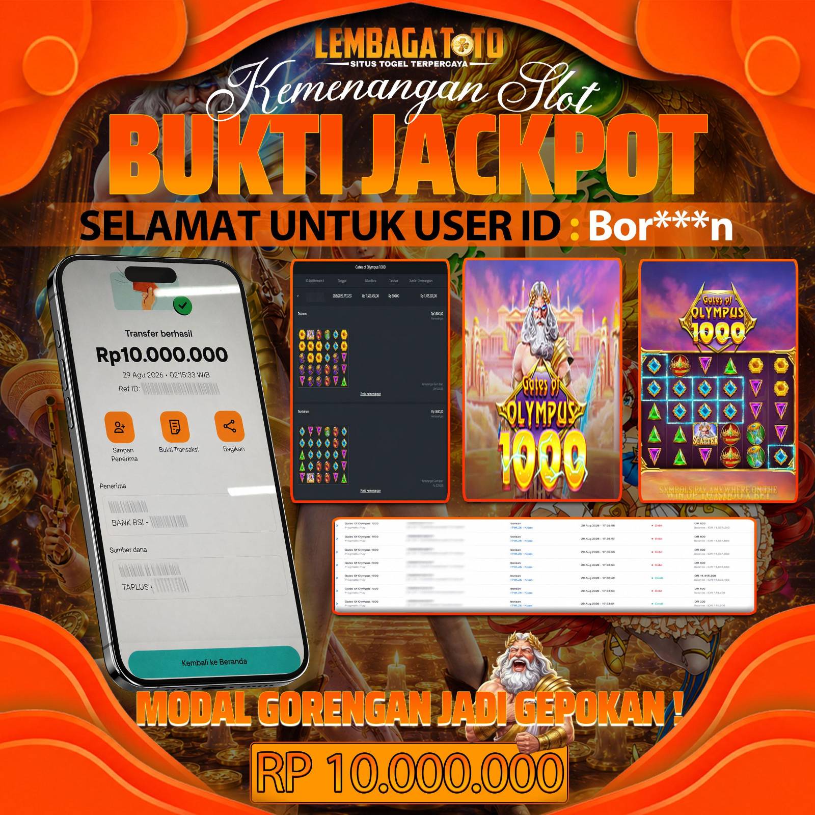 BUKTI JACKPOT 29 AUGUSTUS GATES OF OLYMPUS 1000 10,000,000 - LUNAS