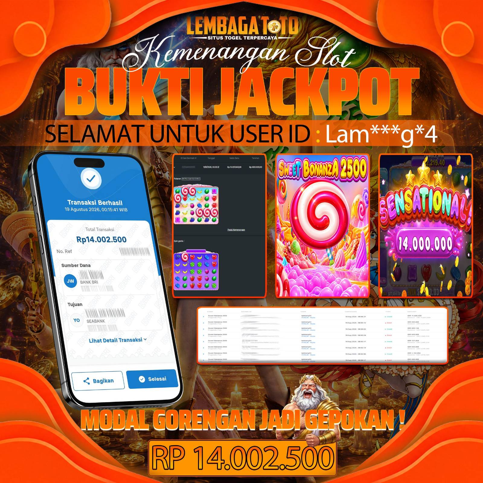 BUKTI JACKPOT 19 AGUSTUS LEMBAGATOTO SWEET BONANZA 2500 14,000,000- LUNAS