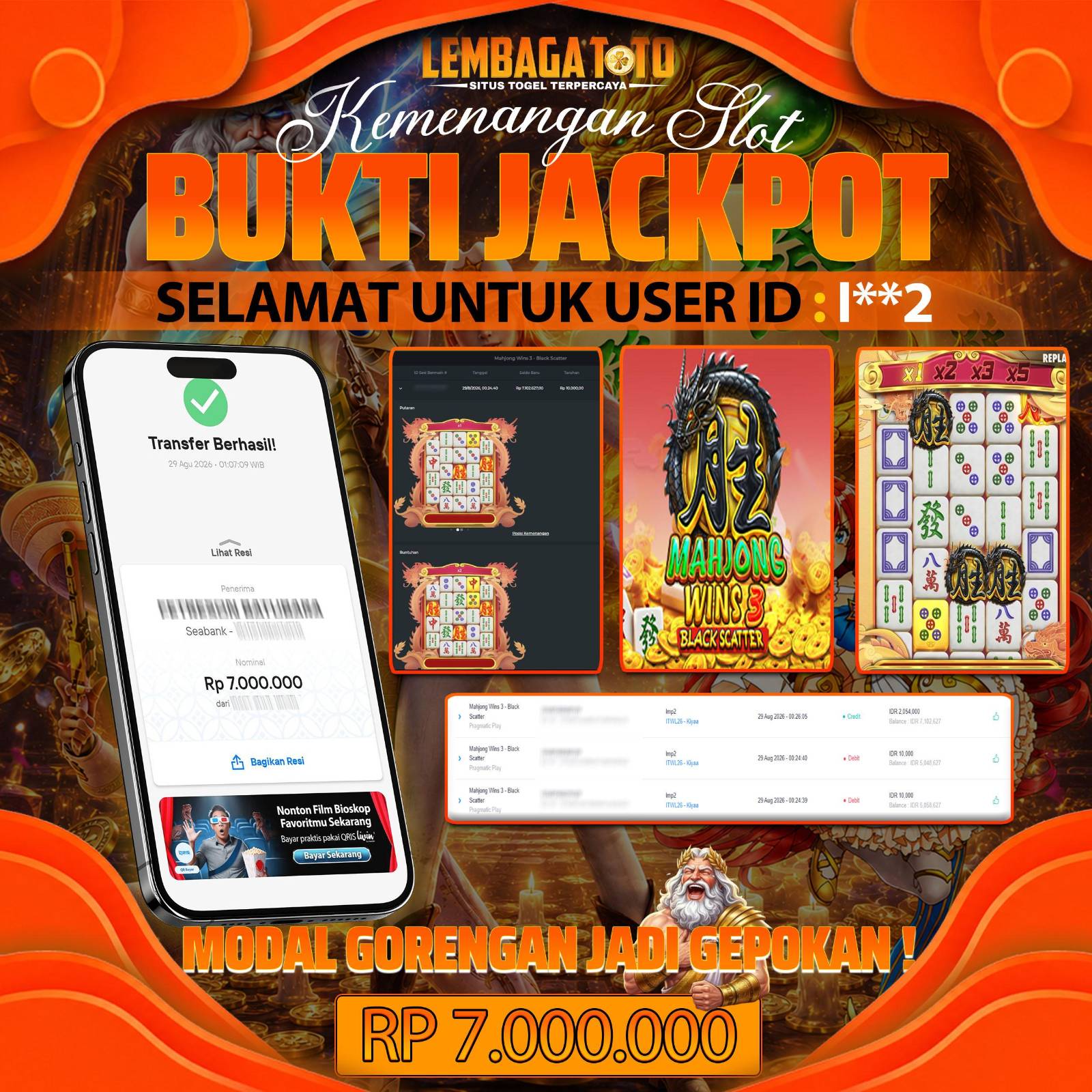 BUKTI JACKPOT 29 AUGUSTUS MAHJONG WINS 3 BLACK SCATTER 7,000,000 - LUNAS
