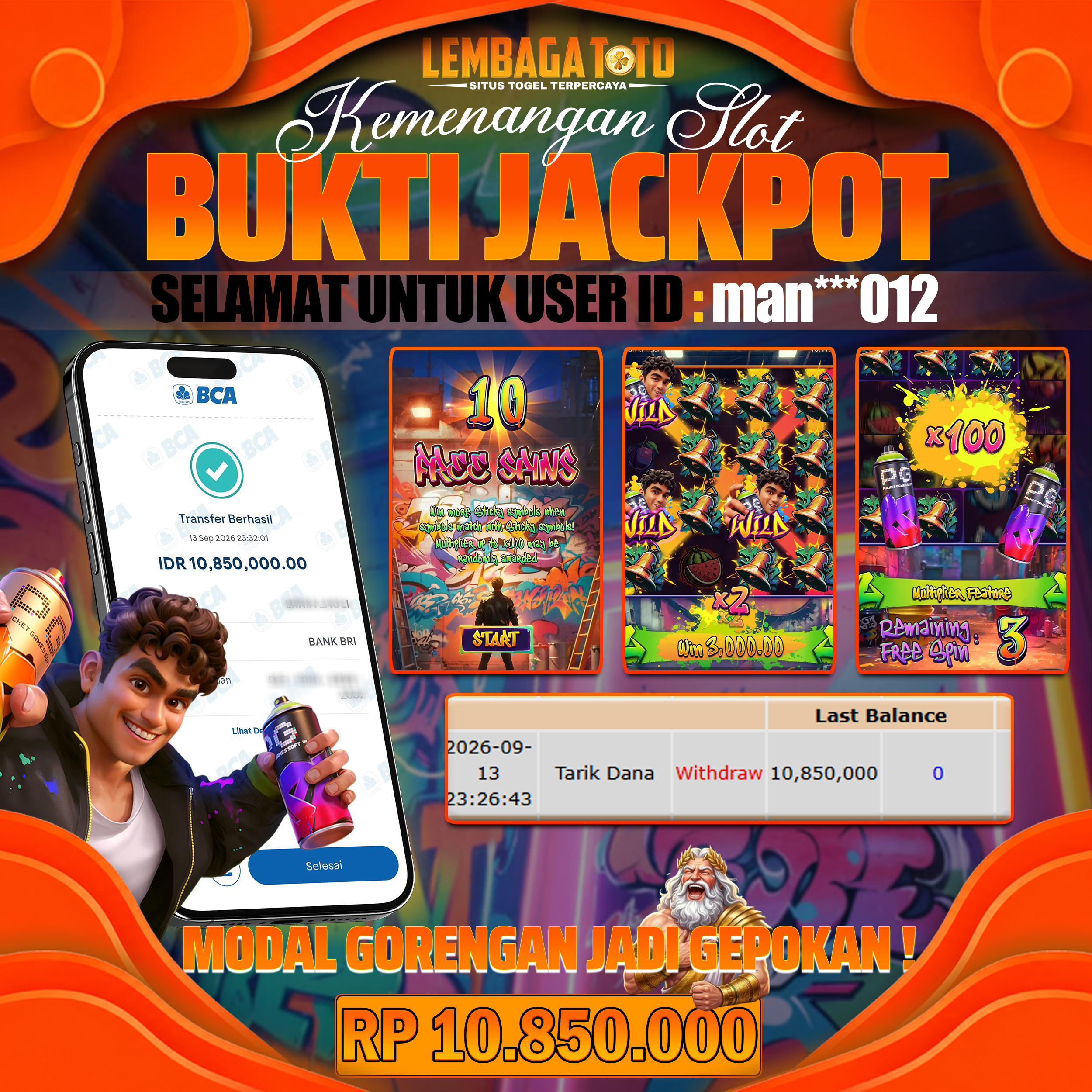 BUKTI JACKPOT 14 SEPTEMBER GRAFITI RUSH 10,850,000 - LUNAS
