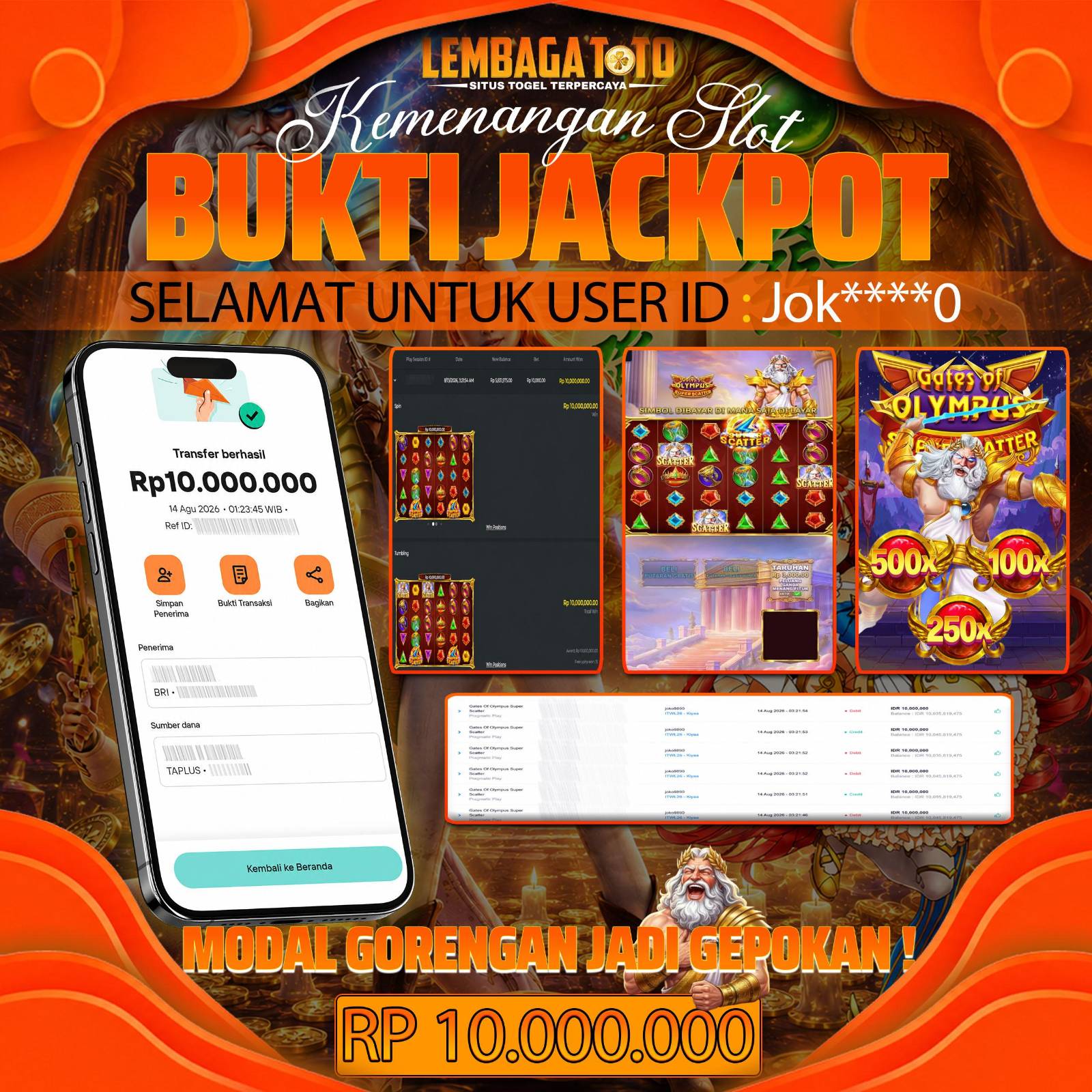 BUKTI JACKPOT 14 AUGUSTUS LEMBAGATOTO GATES OF OLYMPUS SUPER SCATTER  10,000,000- LUNAS