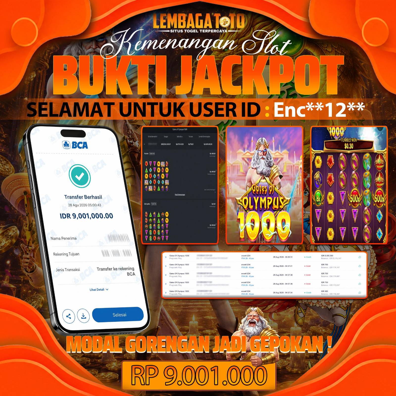 BUKTI JACKPOT 28 AUGUSTUS GATES OF OLYMPUS 1000 9,001,000 - LUNAS