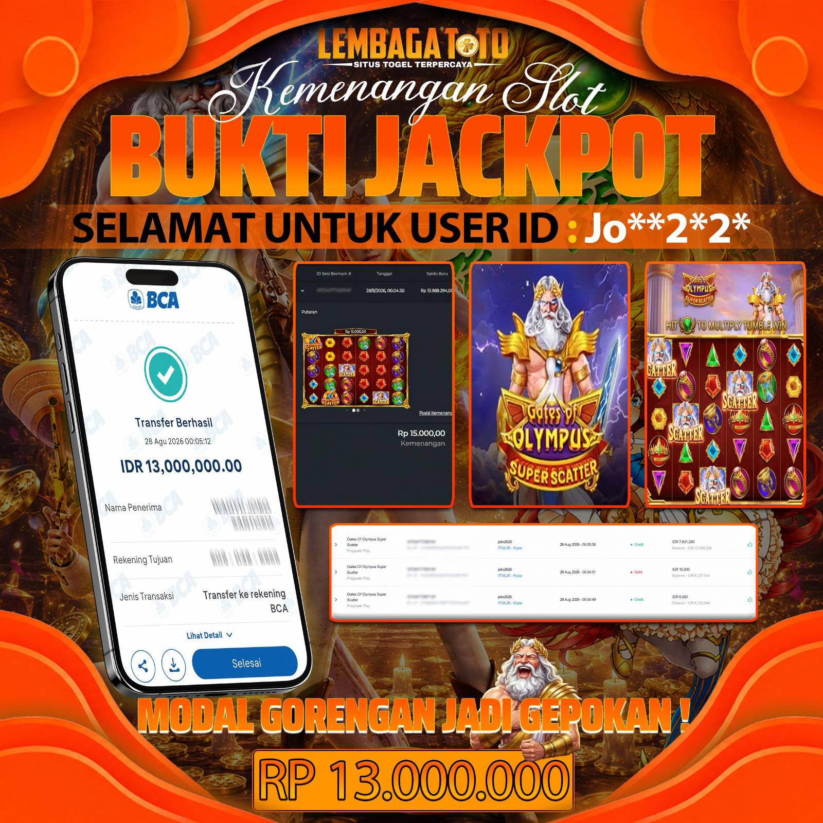 BUKTI JACKPOT 28 AUGUSTUS GATES OF OLYMPUS SUPER SCATTER 13,000,000 - LUNAS