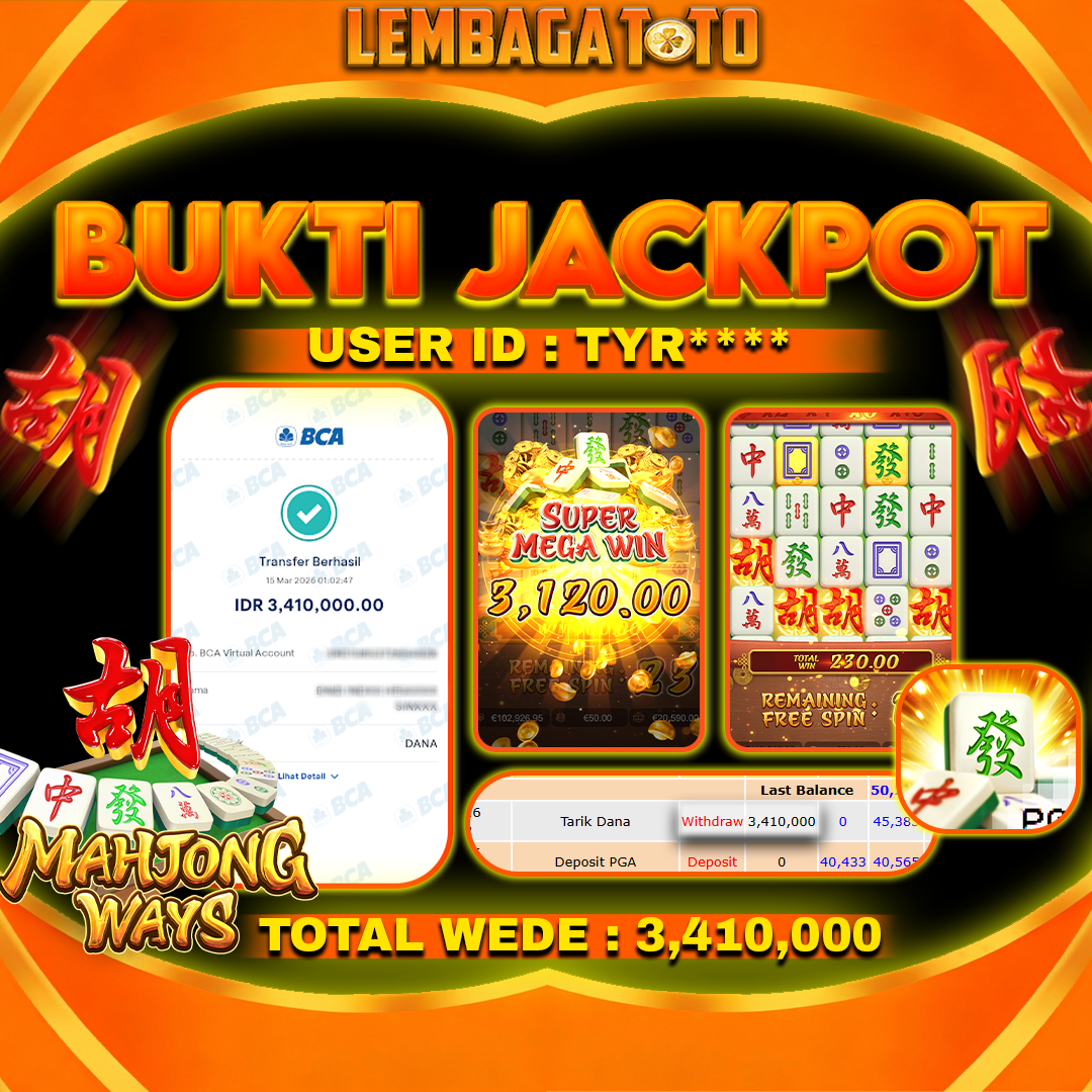 BUKTI JACKPOT 16 MARET LEMBAGATOTO MAHJONG WAYS 3,410,000 - LUNAS