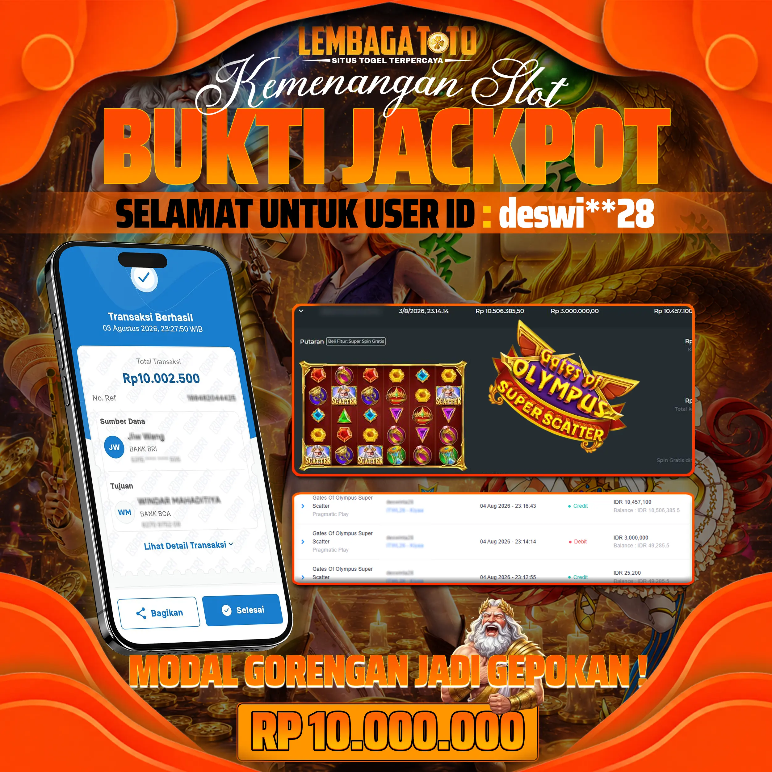 BUKTI JACKPOT 04 AUGUSTUS LEMBAGATOTO GATES OF OLYMPUS SUPER SCATTER 10,000,000 - LUNAS