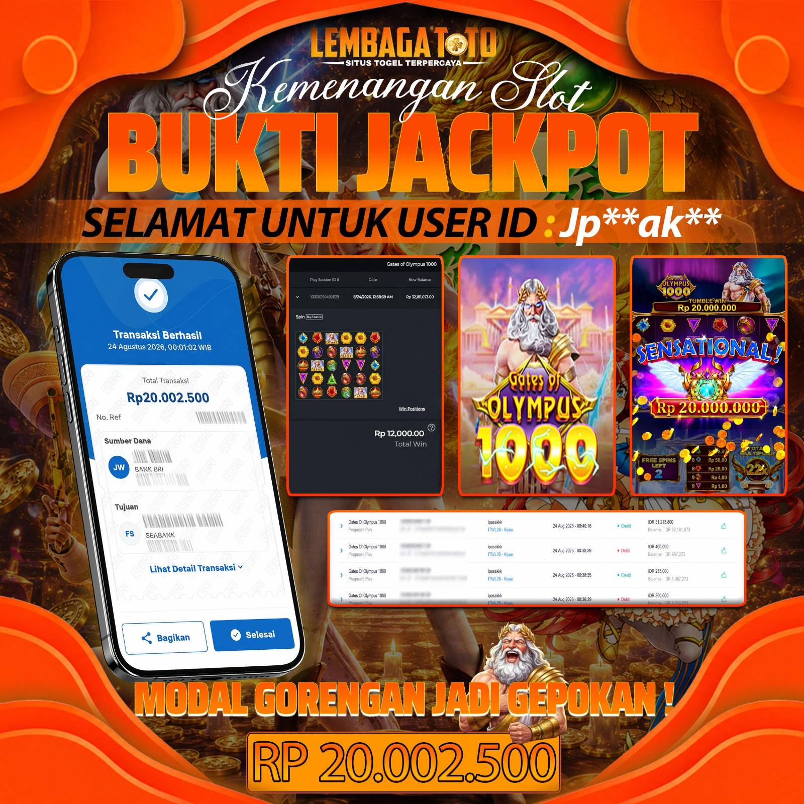 BUKTI JACKPOT 24 AUGUSTUS LEMBAGATOTO GATES OF OLYMPUS 1000 20,002,500 - LUNAS