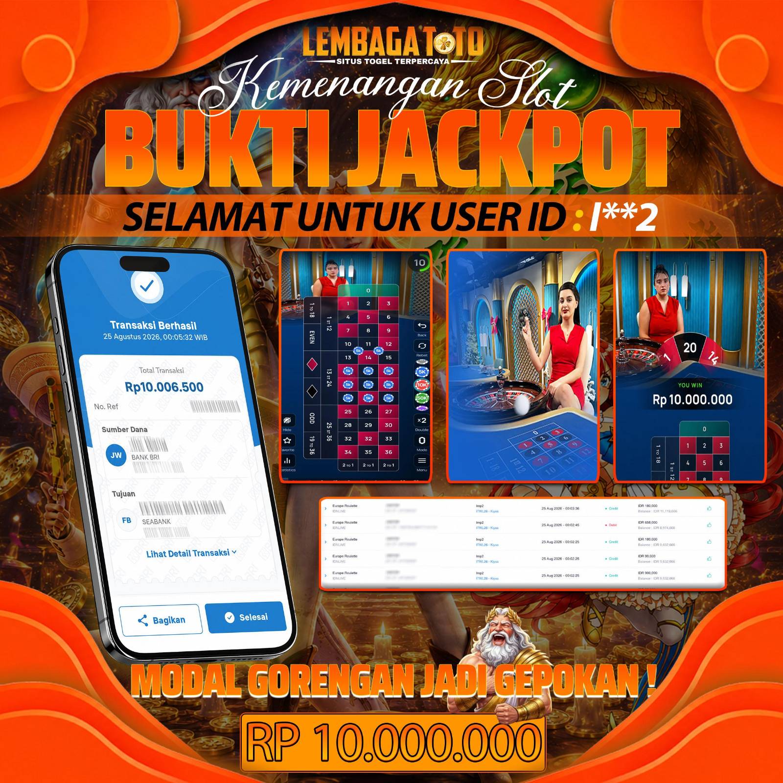 BUKTI JACKPOT 25 AUGUSTUS EUROPE ROULETTE 10,006,500 - LUNAS