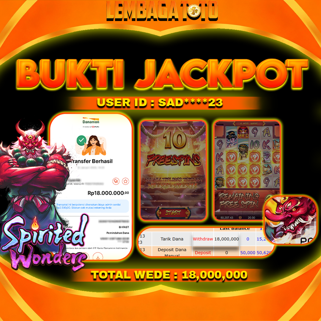 BUKTI JACKPOT 22 FERBUARY LEMBAGATOTO SPIRIT WONDERS  Rp 18,000,000 ,- LUNAS