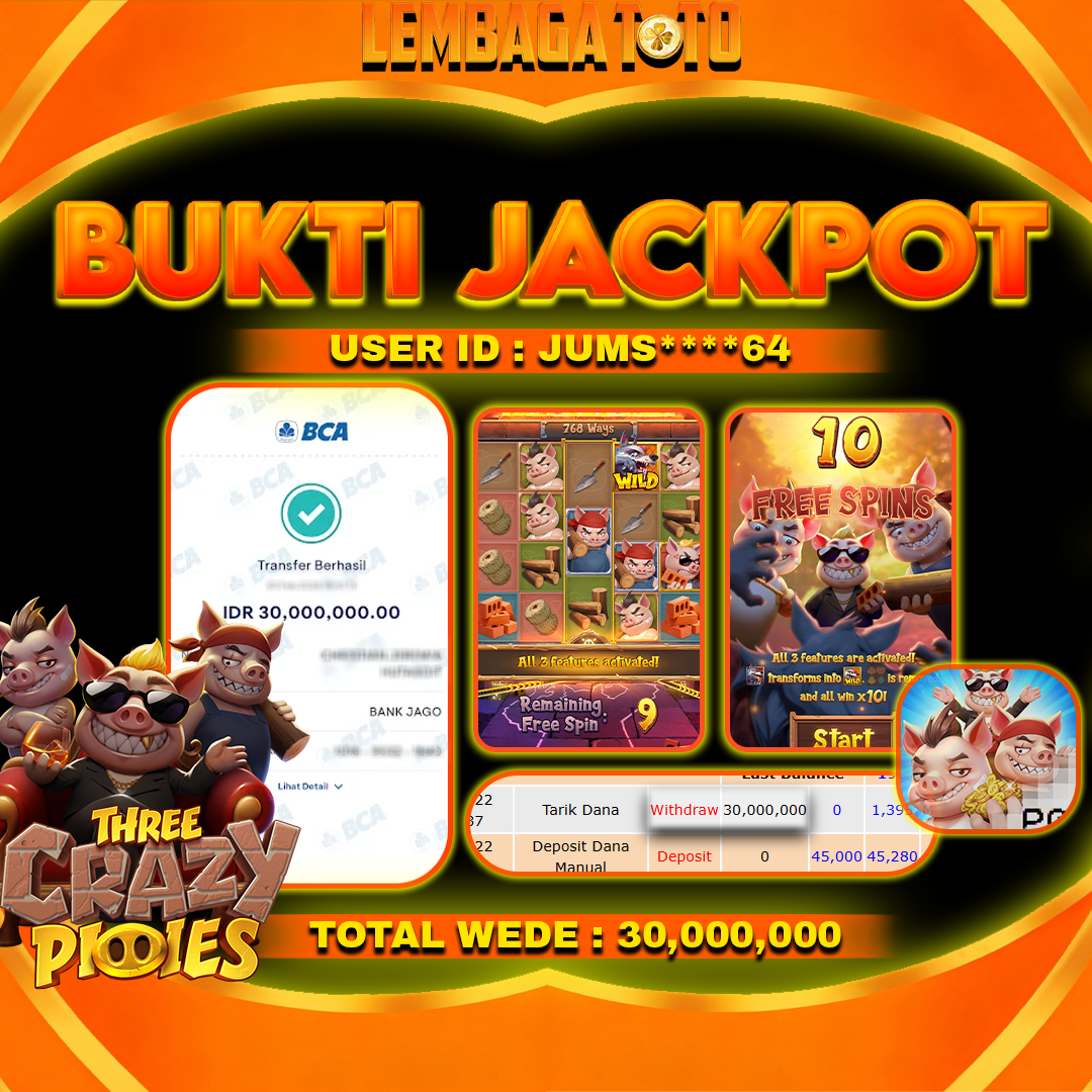 BUKTI JACKPOT 24 FERBUARY LEMBAGATOTO THREE CRAZY PIQIES  Rp 30,000,000 ,- LUNAS