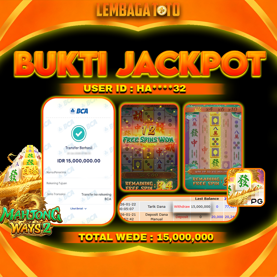 BUKTI JACKPOT 26 FERBUARY LEMBAGATOTO MAHJONG WAYS 2  Rp 15,000,000,- LUNAS