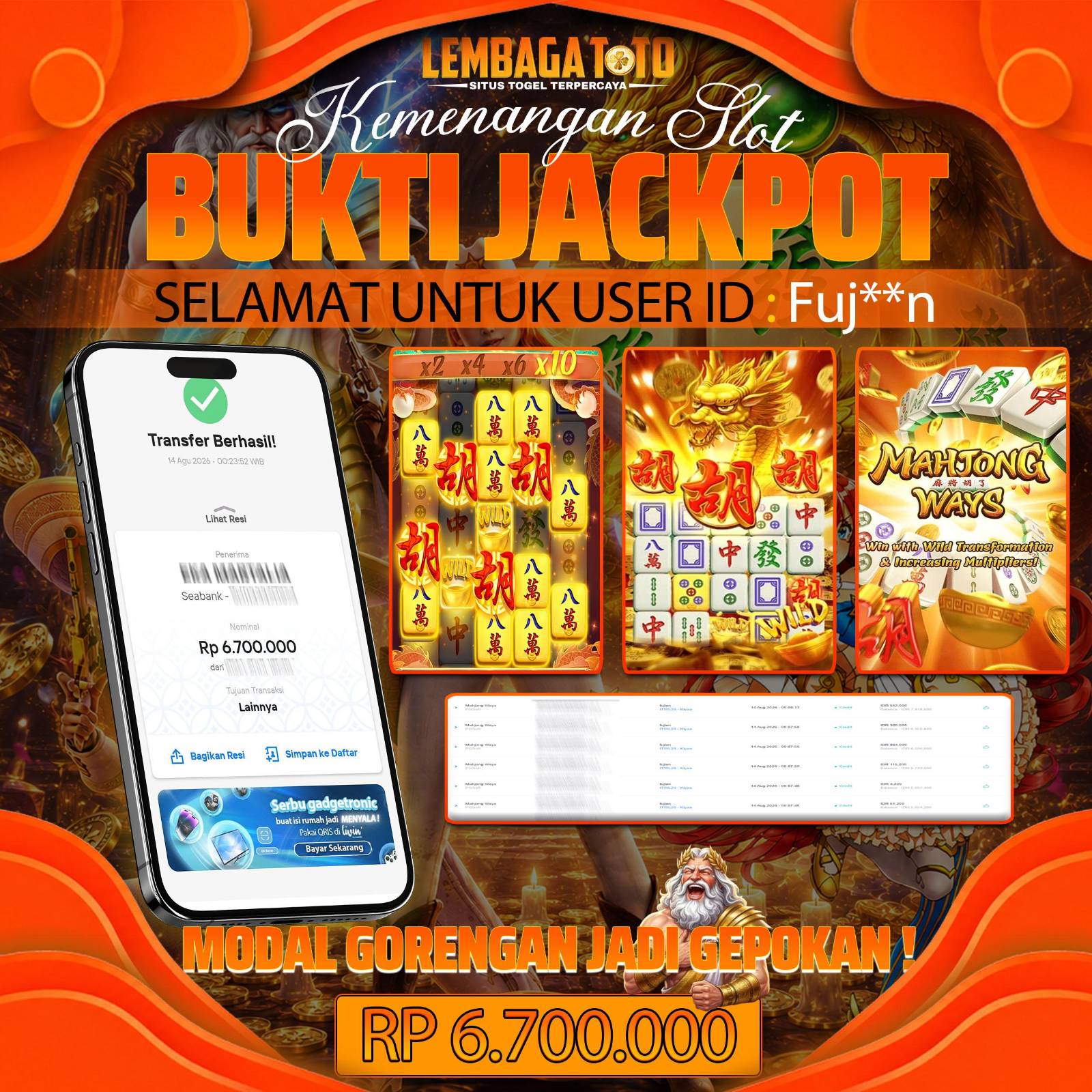 BUKTI JACKPOT 14 AUGUSTUS LEMBAGATOTO MAHJONG WAYS 2  6,700,000- LUNAS