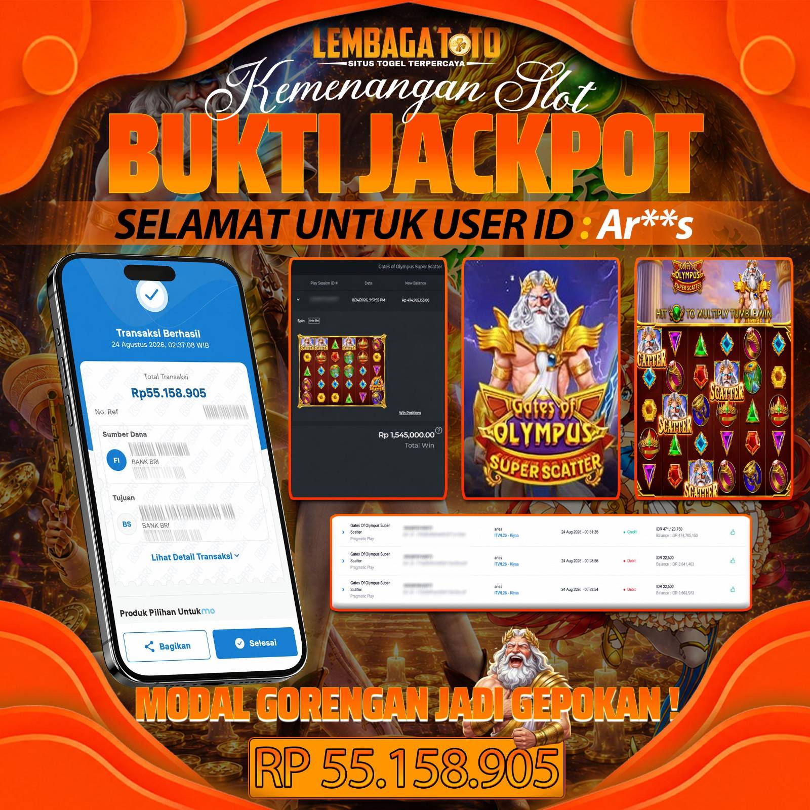 BUKTI JACKPOT 24 AUGUSTUS LEMBAGATOTO GATES OF OLYMPUS SUPER SCATTER 55,158,905 - LUNAS