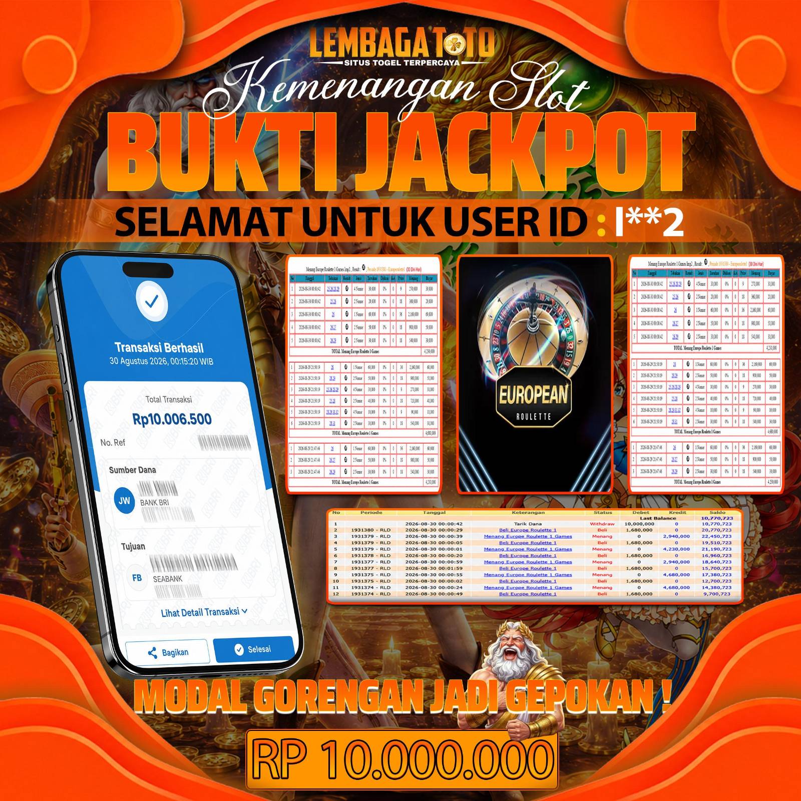 BUKTI JACKPOT 30 AUGUSTUS EUROPE ROULETTE  10,000,000 - LUNAS