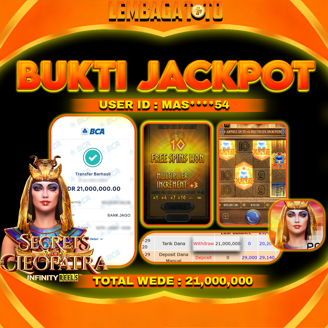 BUKTI JACKPOT 04 MARET LEMBAGATOTO SECRETS CLEOPATRA Rp 21,000,000,- LUNAS