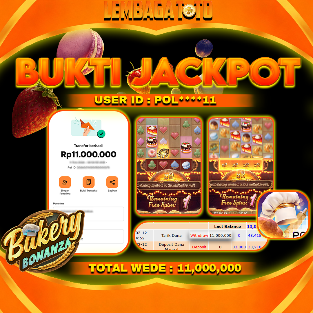 BUKTI JACKPOT 13  FERBUARY LEMBAGATOTO BAKERY BONANZA  Rp 11,000,000 ,- LUNAS