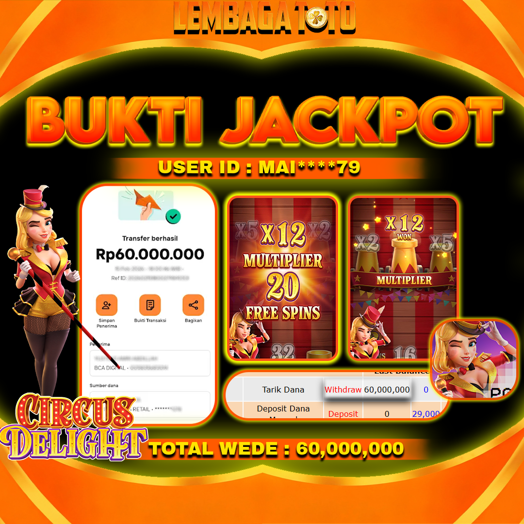 BUKTI JACKPOT 01 MARET LEMBAGATOTO CIRCUS DELIGHT Rp 60,000,000,- LUNAS