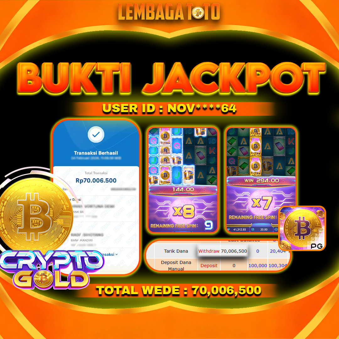 BUKTI JACKPOT 26 FERBUARY LEMBAGATOTO CRYPTO GOLD  Rp 70,006,500,- LUNAS