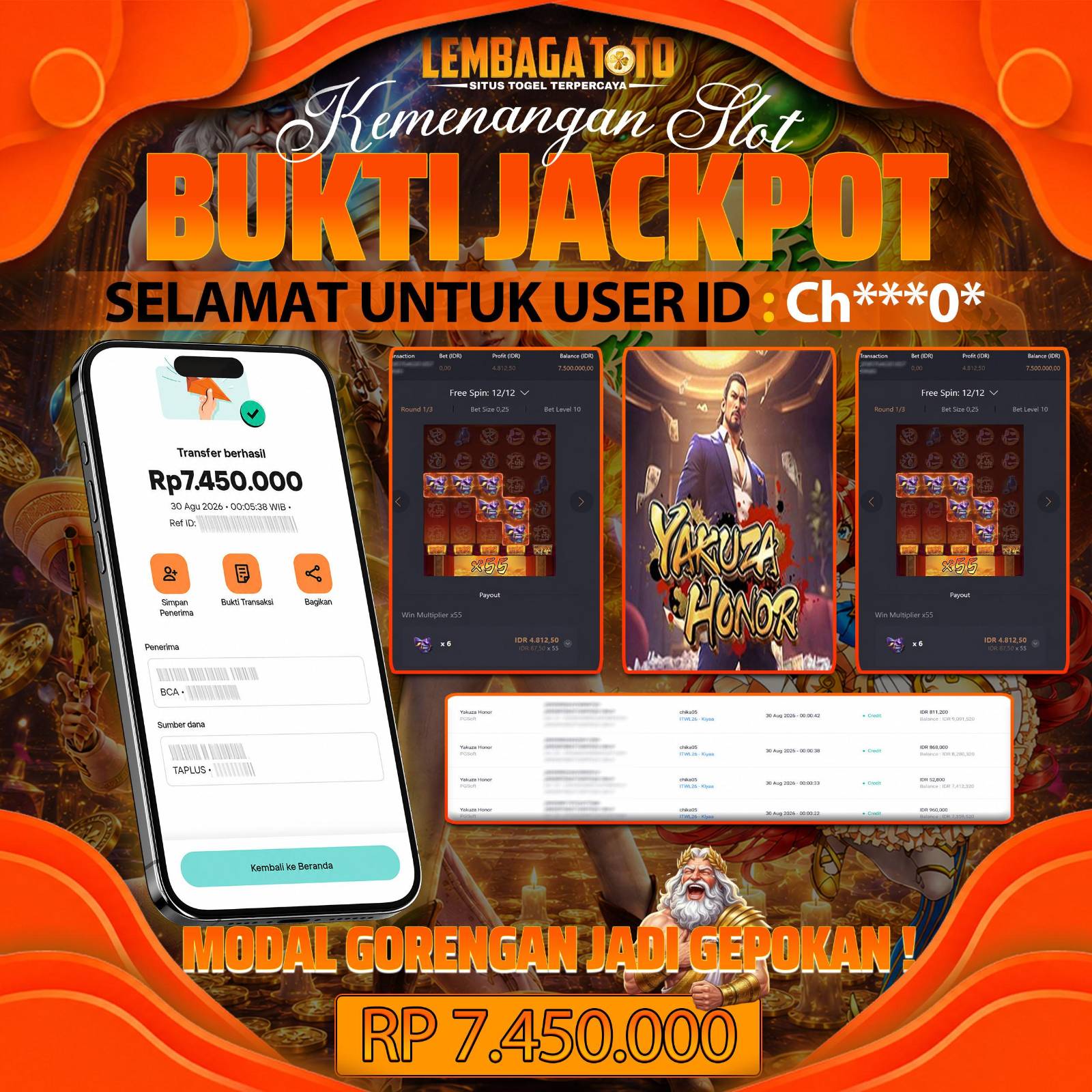 BUKTI JACKPOT 30 AUGUSTUS YAKUZA HONOR 7,450,000 - LUNAS