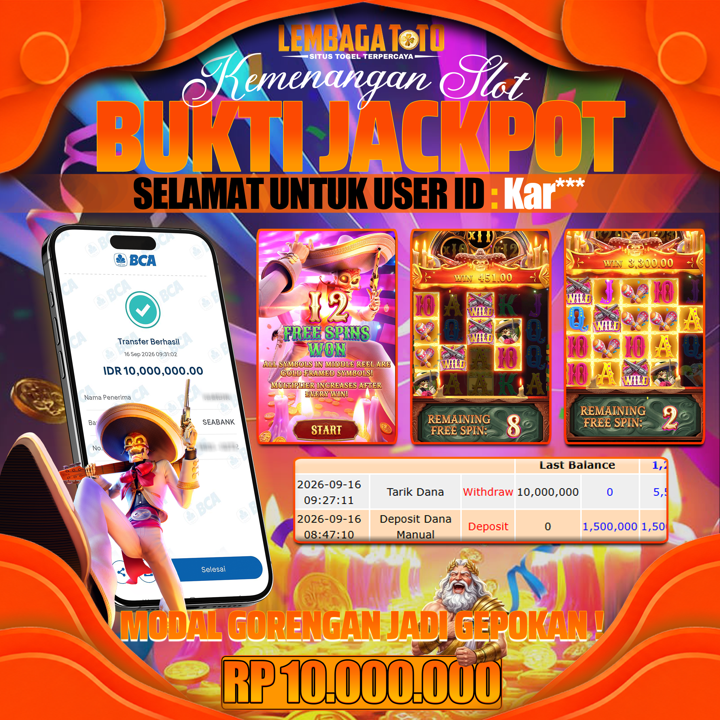 BUKTI JACKPOT 17 SEPTEMBER WILD BANDITO 10,000,000 - LUNAS
