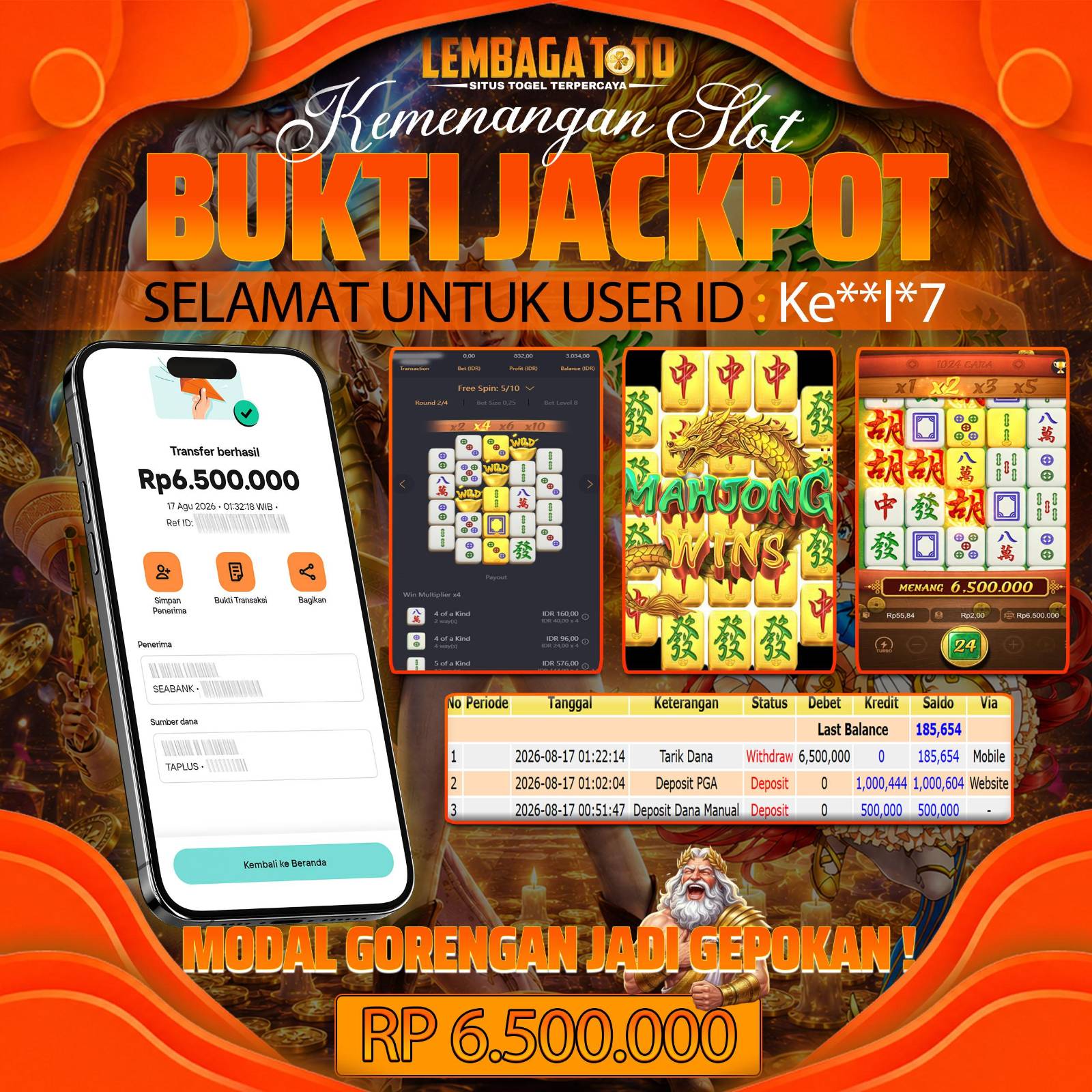 BUKTI JACKPOT 17 AUGUSTUS LEMBAGATOTO MAHJONG WAYS 2  6,500,000- LUNAS