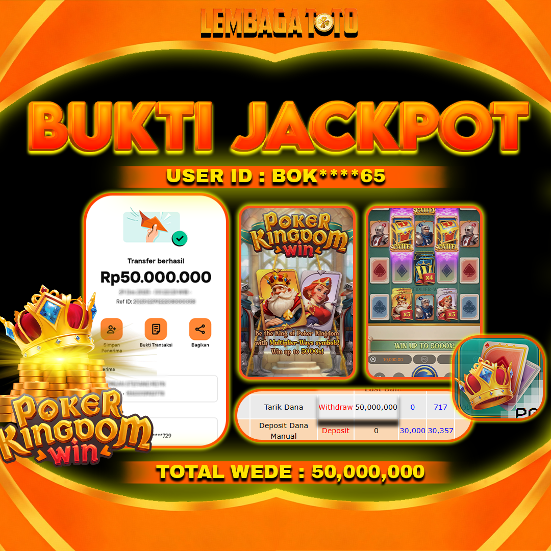 BUKTI JACKPOT 09 MARET LEMBAGATOTO POKER KINGDOM WIN  Rp 50,000,000,- LUNAS